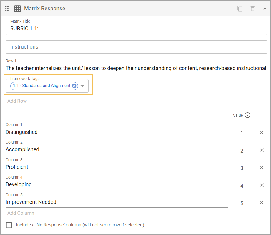 A matrix response item on a Summative form with assigned framework tags on each row.